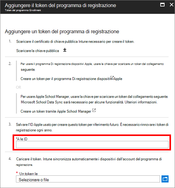 Screenshot di esempio che mostra l'ID Apple usato per creare il token del programma di registrazione e passare al token del programma di registrazione.