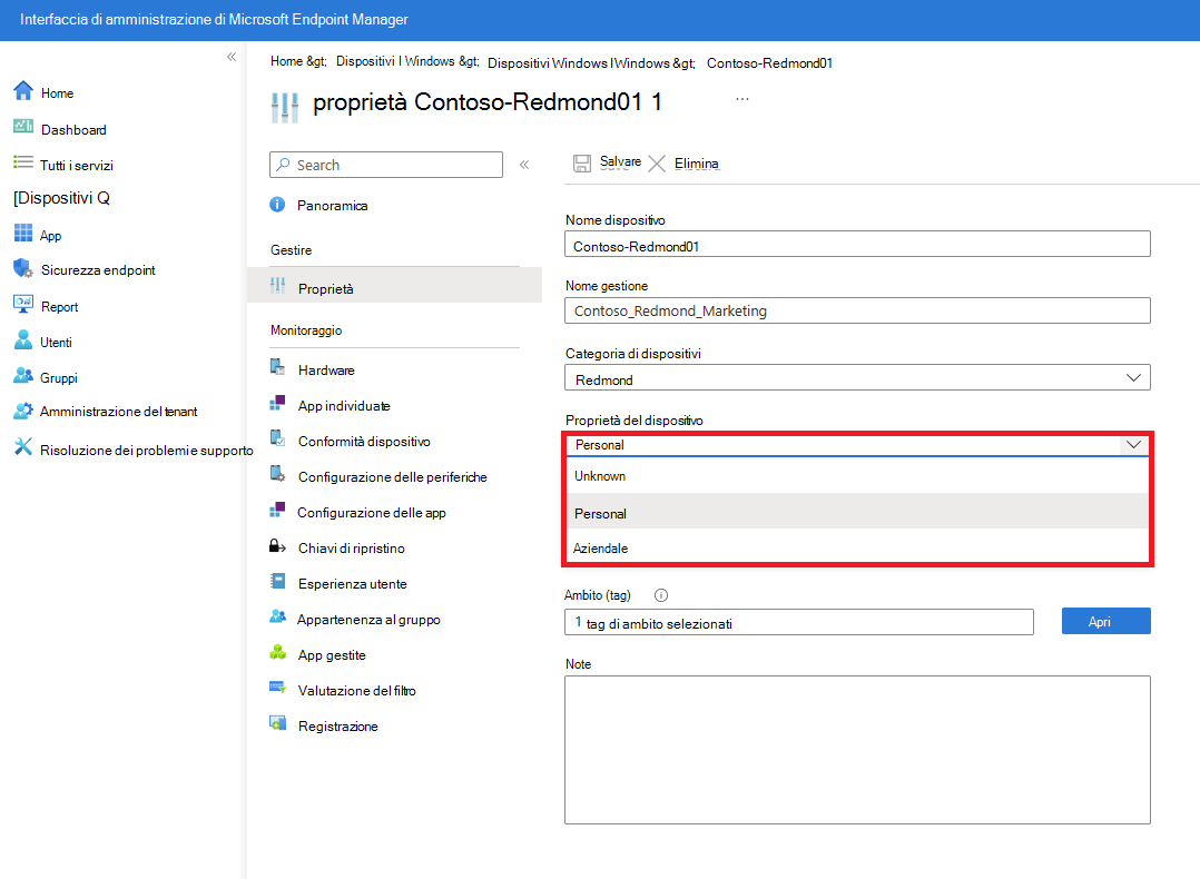 Screenshot delle proprietà del dispositivo gestito che mostrano la categoria Dispositivo e le opzioni di proprietà del dispositivo.