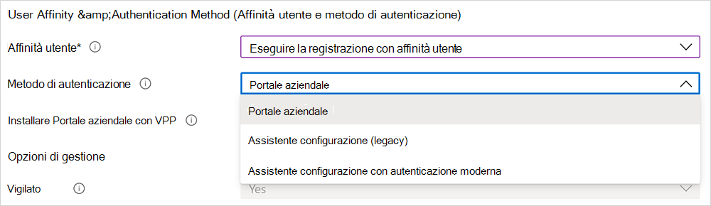 Screenshot delle opzioni del metodo di autenticazione.