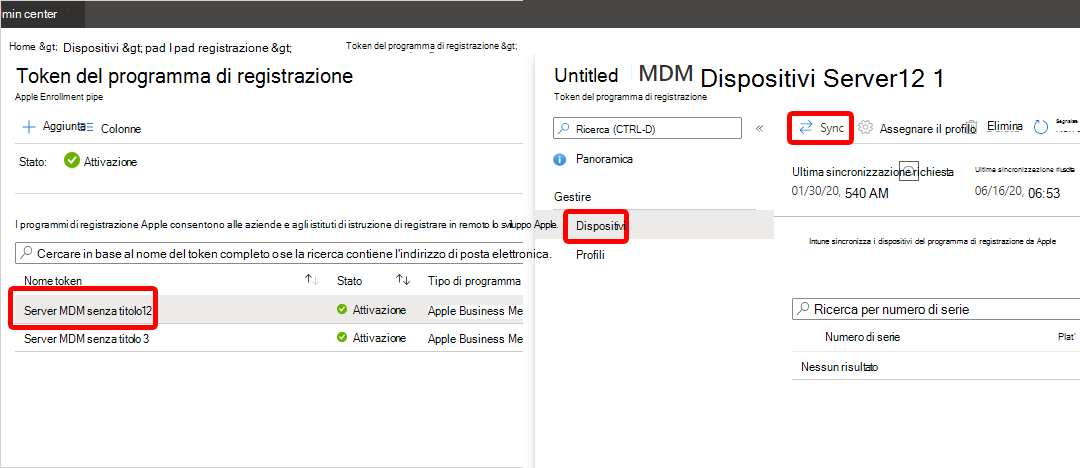 Screenshot del nodo Dispositivi del programma di registrazione e del collegamento Sincronizza.