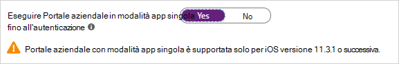 Screenshot che mostra l'opzione Esegui Portale aziendale in modalità app singola.