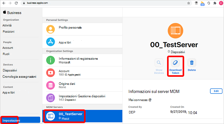 Screenshot che mostra come rinnovare e scaricare un token Apple in Apple Business Manager.