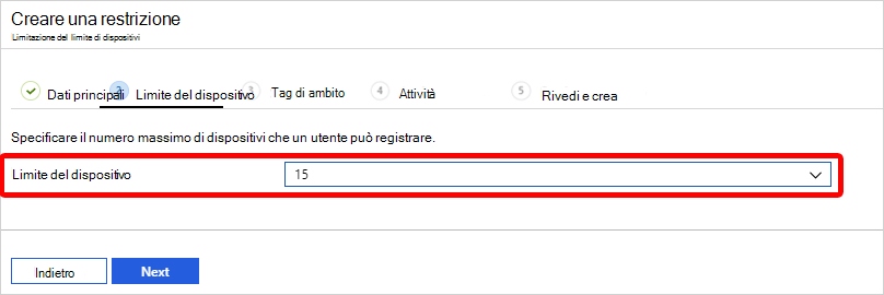 Screenshot che mostra come scegliere un limite di dispositivi.