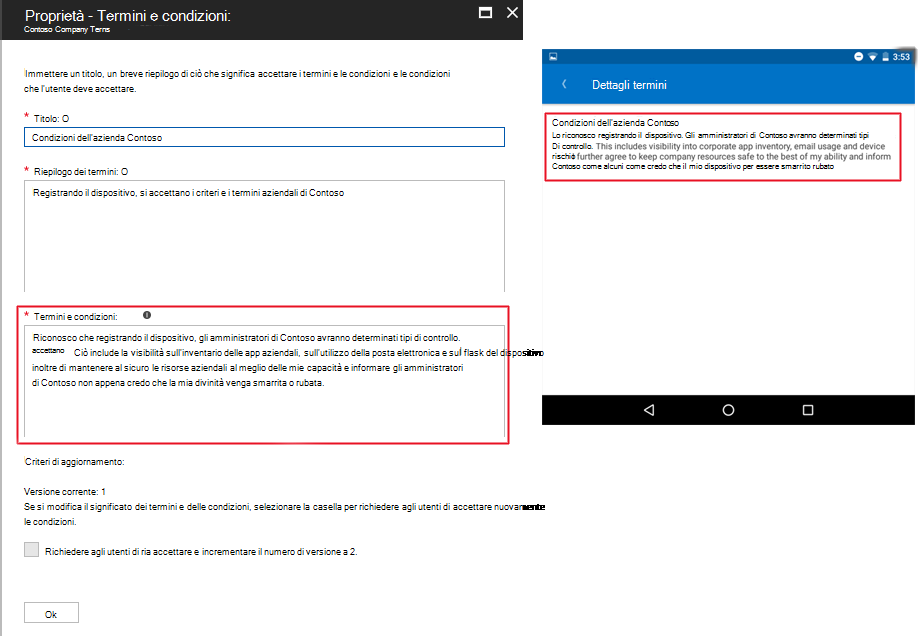 Immagine di esempio del messaggio di termini e condizioni in Intune e quindi l'aspetto in Portale aziendale.