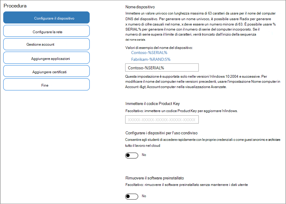 Screenshot della specifica del nome e del codice Product Key nell'app windows configuration Designer