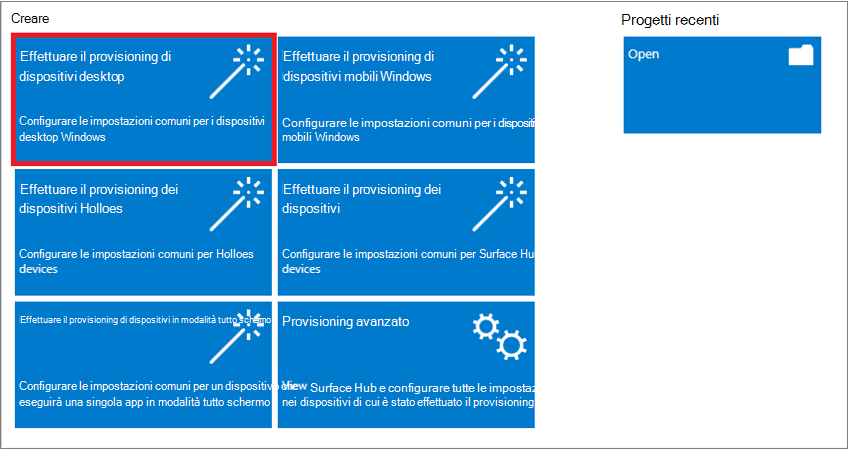 Screenshot della selezione di Provision desktop devices in the Windows Configuration Designer app