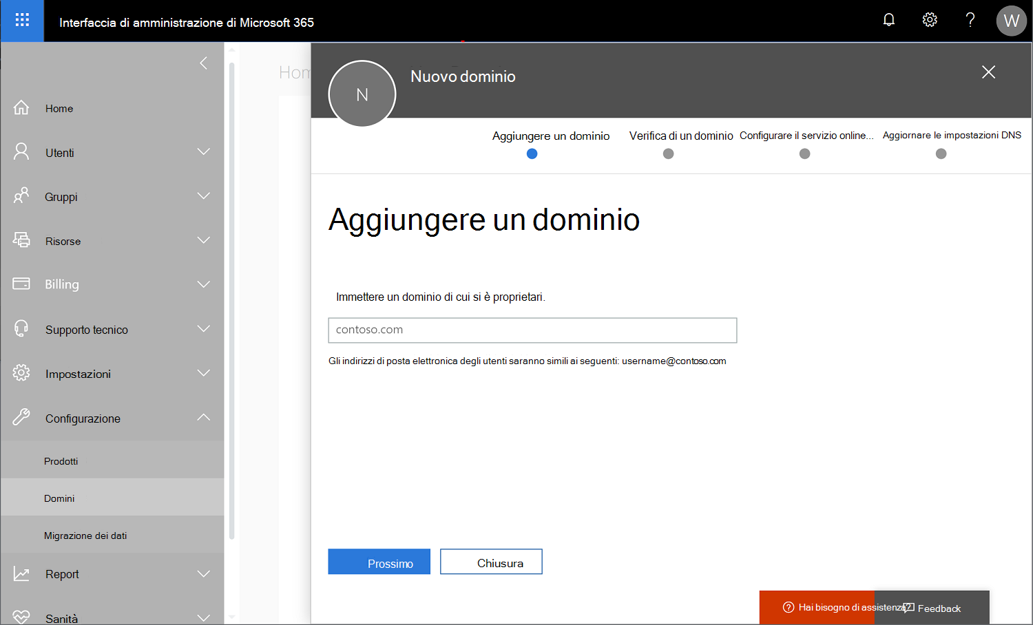 Screenshot di interfaccia di amministrazione di Microsoft 365 con l'opzione Impostazioni > domini selezionata e l'aggiunta di un nuovo nome di dominio