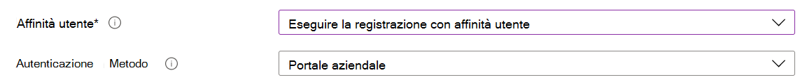 Nell'interfaccia di amministrazione Intune e Microsoft Intune registrare i dispositivi iOS/iPadOS usando la registrazione automatica dei dispositivi (ADE). Selezionare Registra con affinità utente e usare l'app Portale aziendale per l'autenticazione.