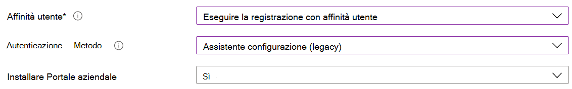 Nell'interfaccia di amministrazione Intune e Microsoft Intune registrare i dispositivi iOS/iPadOS usando la registrazione automatica dei dispositivi (ADE). Selezionare Registra con affinità utente, usare Assistente configurazione per l'autenticazione e installare l'app Portale aziendale.