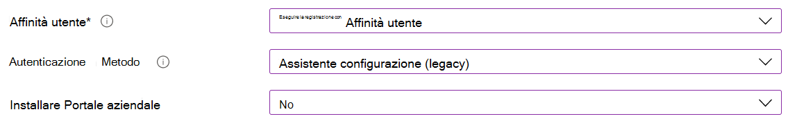 Nell'interfaccia di amministrazione Intune e Microsoft Intune registrare i dispositivi iOS/iPadOS usando la registrazione automatica dei dispositivi (ADE). Selezionare Registra con affinità utente, usare Assistente configurazione per l'autenticazione e non installare l'app Portale aziendale.