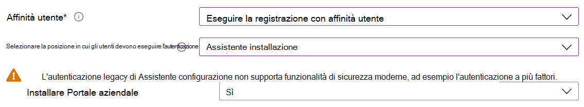 Nell'interfaccia di amministrazione Intune e Microsoft Intune registrare i dispositivi iOS/iPadOS usando Apple Configurator. Selezionare Registra con affinità utente, usare Assistente configurazione per l'autenticazione e installare l'app Portale aziendale.