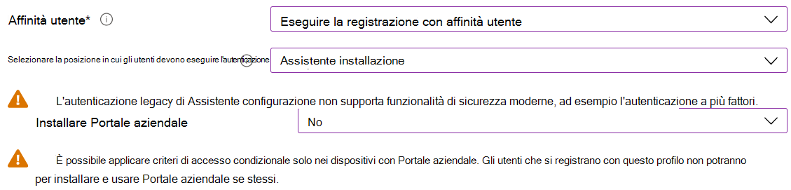 Nell'interfaccia di amministrazione Intune e Microsoft Intune registrare i dispositivi iOS/iPadOS usando Apple Configurator. Selezionare Registra con affinità utente, usare Assistente configurazione per l'autenticazione e non installare l'app Portale aziendale.