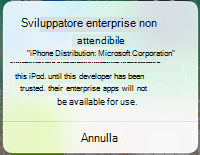 Screenshot del messaggio dell'app iOS relativo a uno sviluppatore aziendale non attendibile.