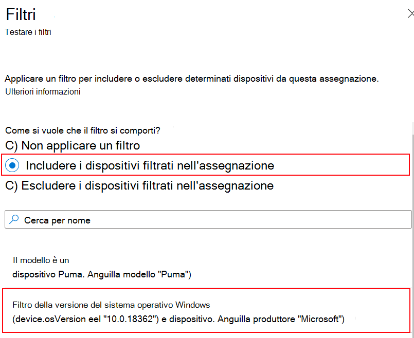 Screenshot che mostra come includere il filtro durante l'assegnazione di un criterio in Microsoft Intune.