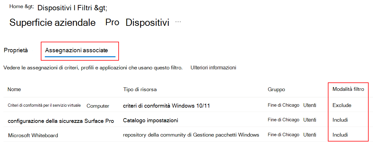 Screenshot che mostra le schede di assegnazione associate per un filtro esistente in Microsoft Intune.