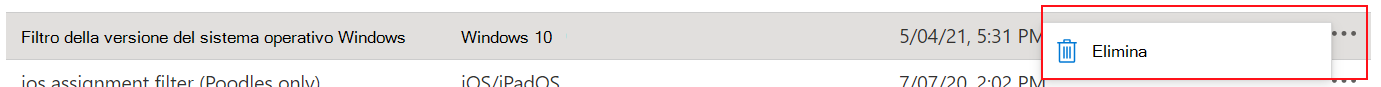 Screenshot che mostra come eliminare un filtro in Microsoft Intune.