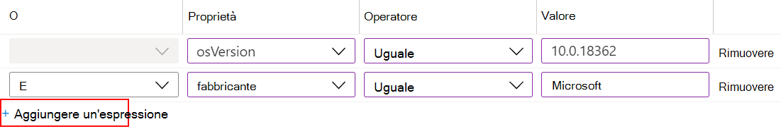 Screenshot che mostra come usare il generatore di regole in Microsoft Intune per creare un filtro di espressione e assegnarlo ai criteri.