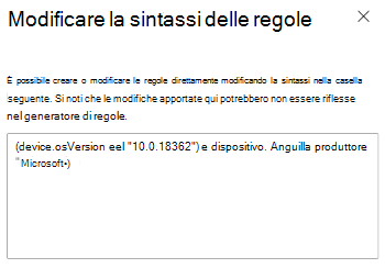 Screenshot che mostra come usare il generatore di espressioni per immettere la sintassi della regola in Microsoft Intune.