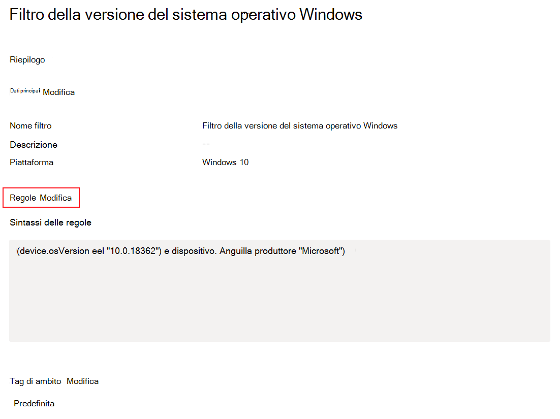 Screenshot che mostra come modificare o aggiornare un filtro esistente in Microsoft Intune.
