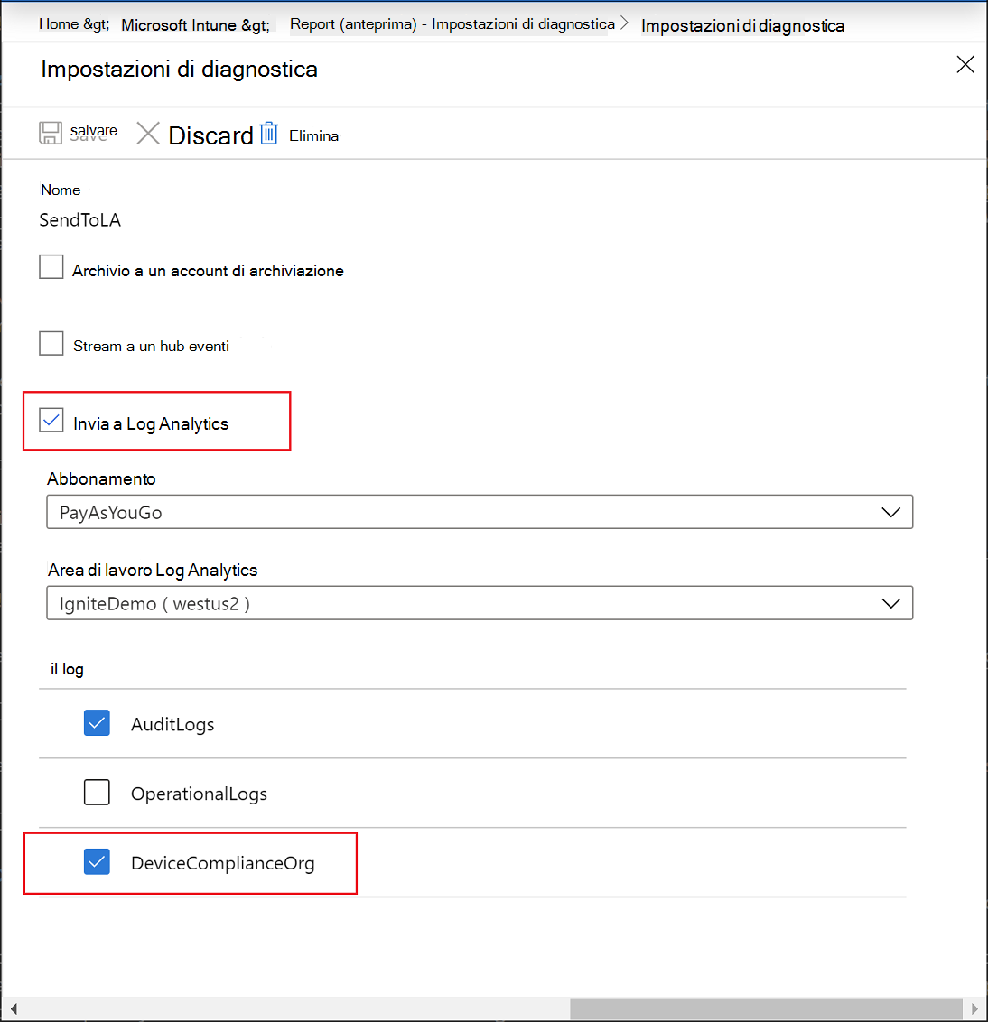 Report Intune - Impostazioni di diagnostica