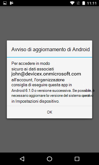 Immagine della finestra di dialogo di avviso per l'aggiornamento di Android