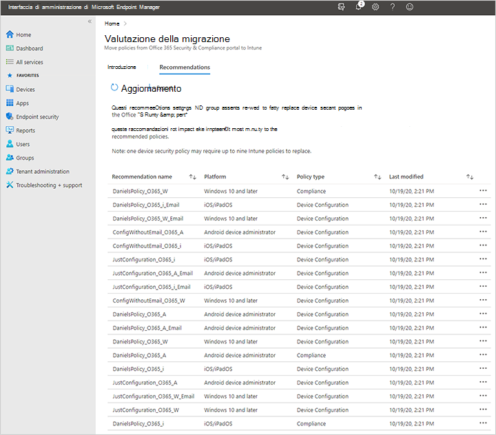 Screenshot dell'esempio di valutazione della migrazione nell'interfaccia di amministrazione Microsoft Intune dopo la migrazione dei criteri di mobilità e sicurezza Microsoft 365 Basic a Intune