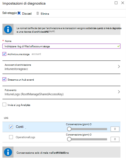 Screenshot che mostra come inviare i log di controllo Microsoft Intune a un account di archiviazione di Azure.