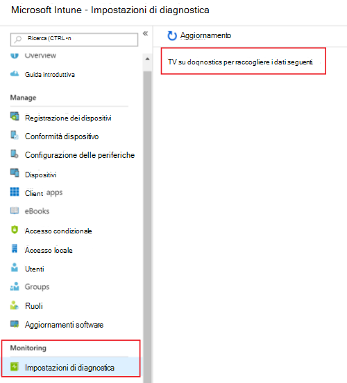 Screenshot che mostra come attivare le impostazioni di diagnostica in Microsoft Intune per inviare i log a Monitoraggio di Azure.