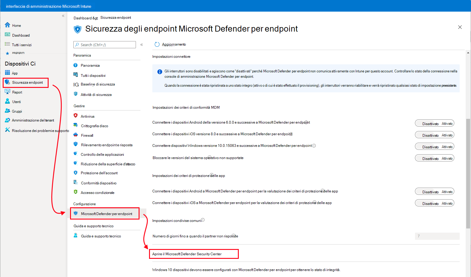 Screenshot che mostra la patch per aprire il Microsoft Defender Security Center.