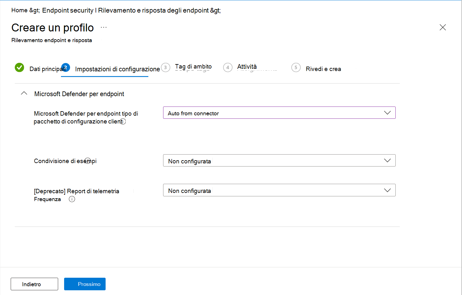 Screenshot delle opzioni di configurazione per Rilevamento endpoint e risposta.