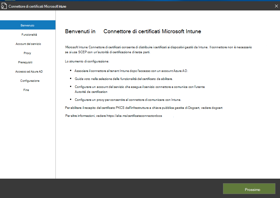 Pagina iniziale della procedura guidata Connettore di certificati per Microsoft Intune.