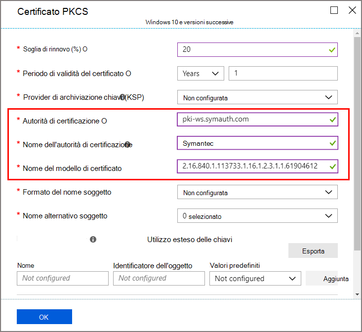 Selezioni per ca e modello di certificato