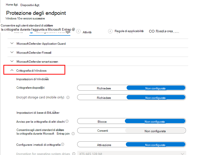 Selezionare le impostazioni di crittografia di Windows