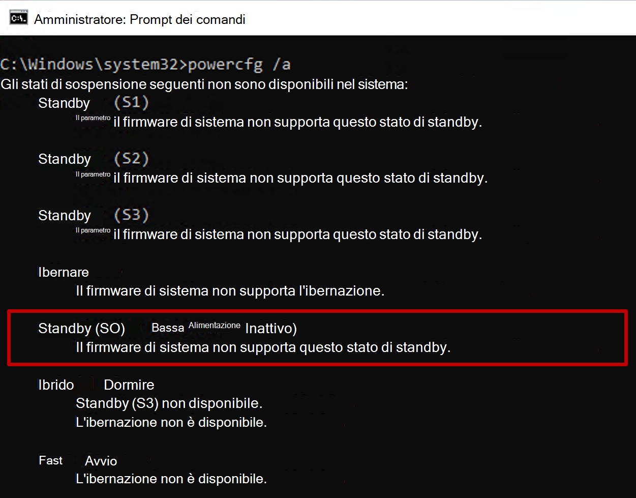 Screenshot del prompt dei comandi che visualizza l'output del comando powercfg con lo stato standby S0 non disponibile.