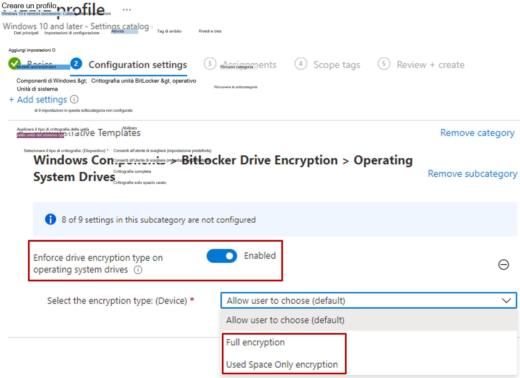 Screenshot del catalogo delle impostazioni di Intune che visualizza Imponi tipo di crittografia unità nelle unità del sistema operativo