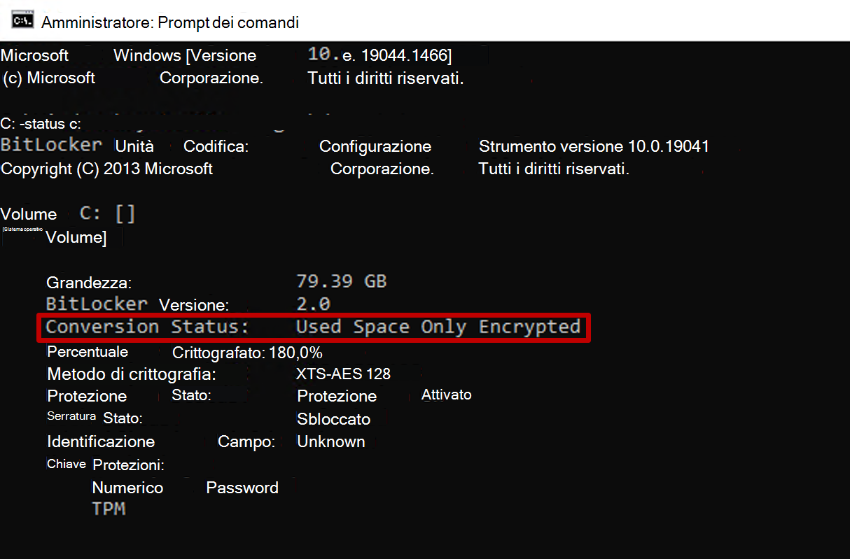 Screenshot del prompt dei comandi amministrativo che mostra l'output di manage-bde con lo stato di conversione che riflette la crittografia completa.