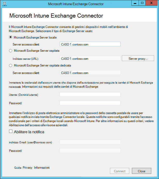 Immagine che mostra dove scegliere il tipo di Exchange Server