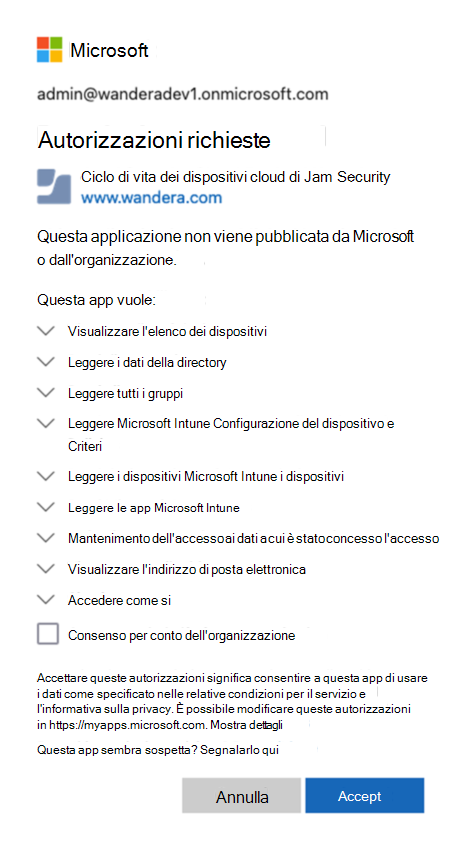 Screenshot delle autorizzazioni accettate.