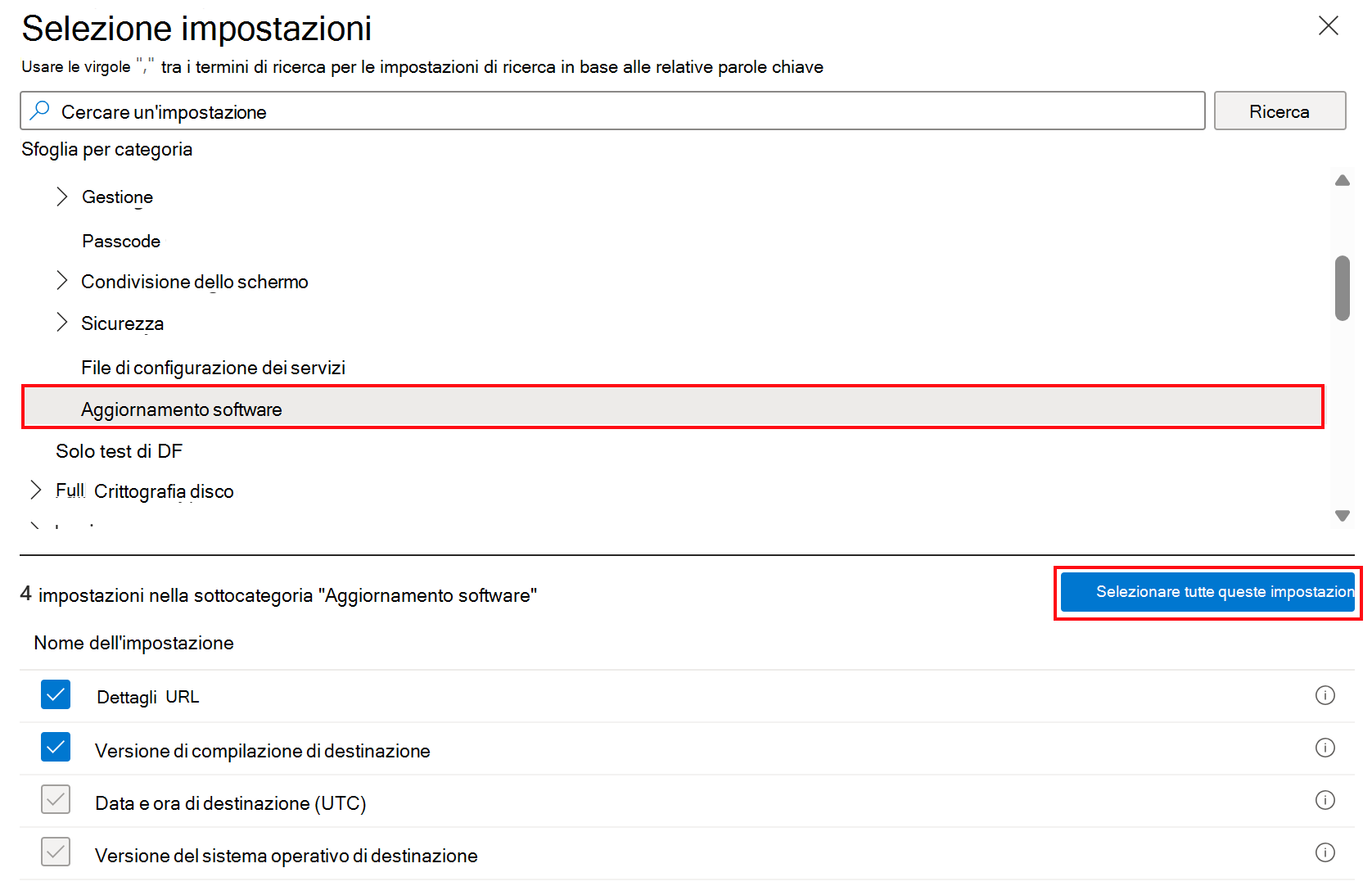 Screenshot che mostra le impostazioni di aggiornamento software del catalogo delle impostazioni per i dispositivi Apple in Microsoft Intune.