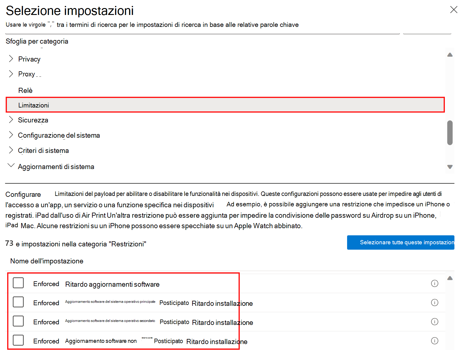 Screenshot che mostra le impostazioni dei criteri delle restrizioni del catalogo per ritardare o rinviare gli aggiornamenti software in Microsoft Intune.