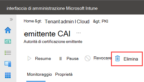 Screenshot di esempio che evidenzia l'azione di eliminazione per una CA emittente.