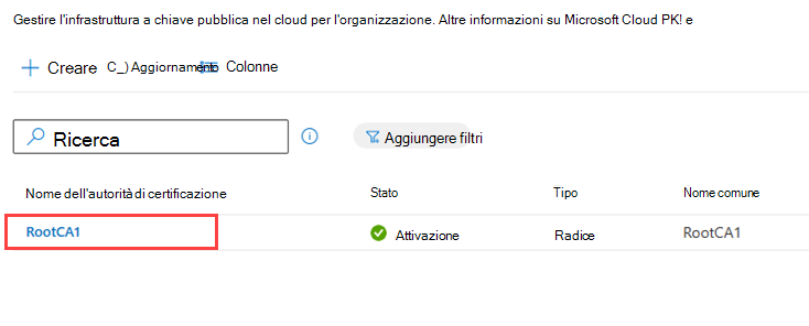 Screenshot di esempio dell'elenco ca, evidenziando una CA radice.