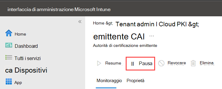 Screenshot di esempio che evidenzia l'azione Sospendi per Cloud PKI.