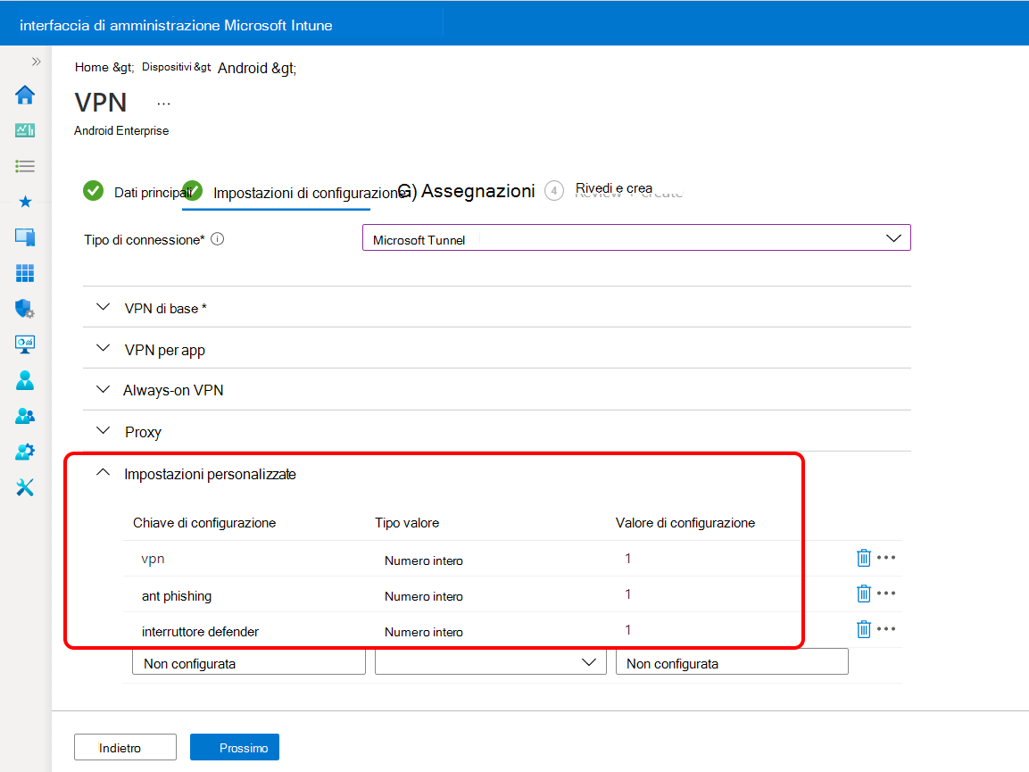 Configurare le impostazioni personalizzate nel profilo VPN per Microsoft Defender per endpoint