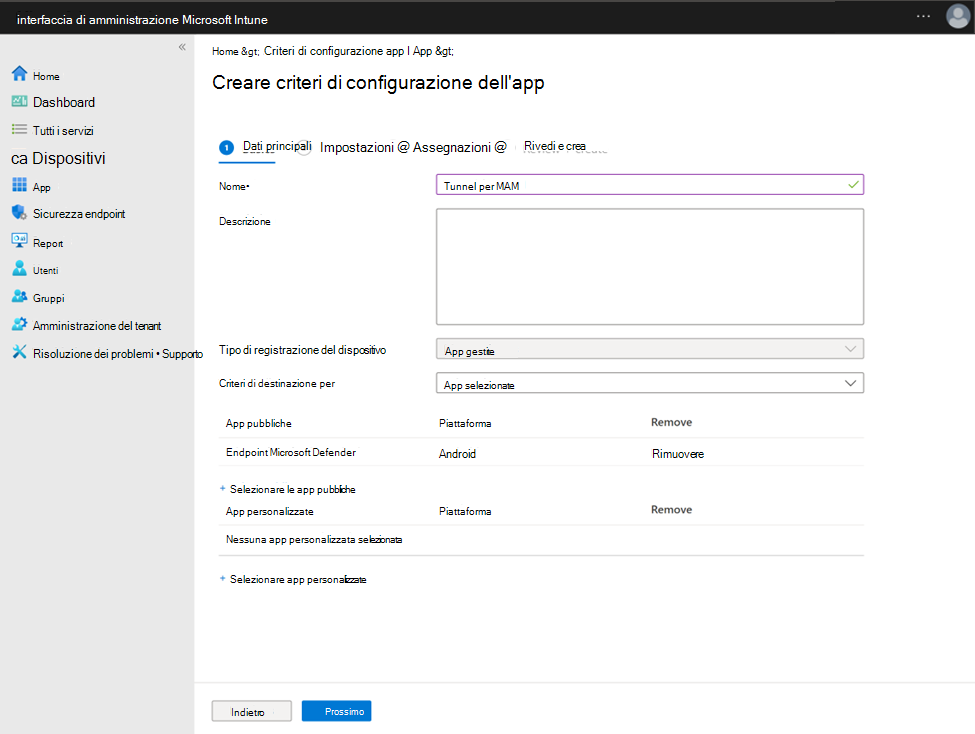 Screenshot della configurazione di un criterio di configurazione dell'app con Microsoft Defender Endpoint come app pubblica.