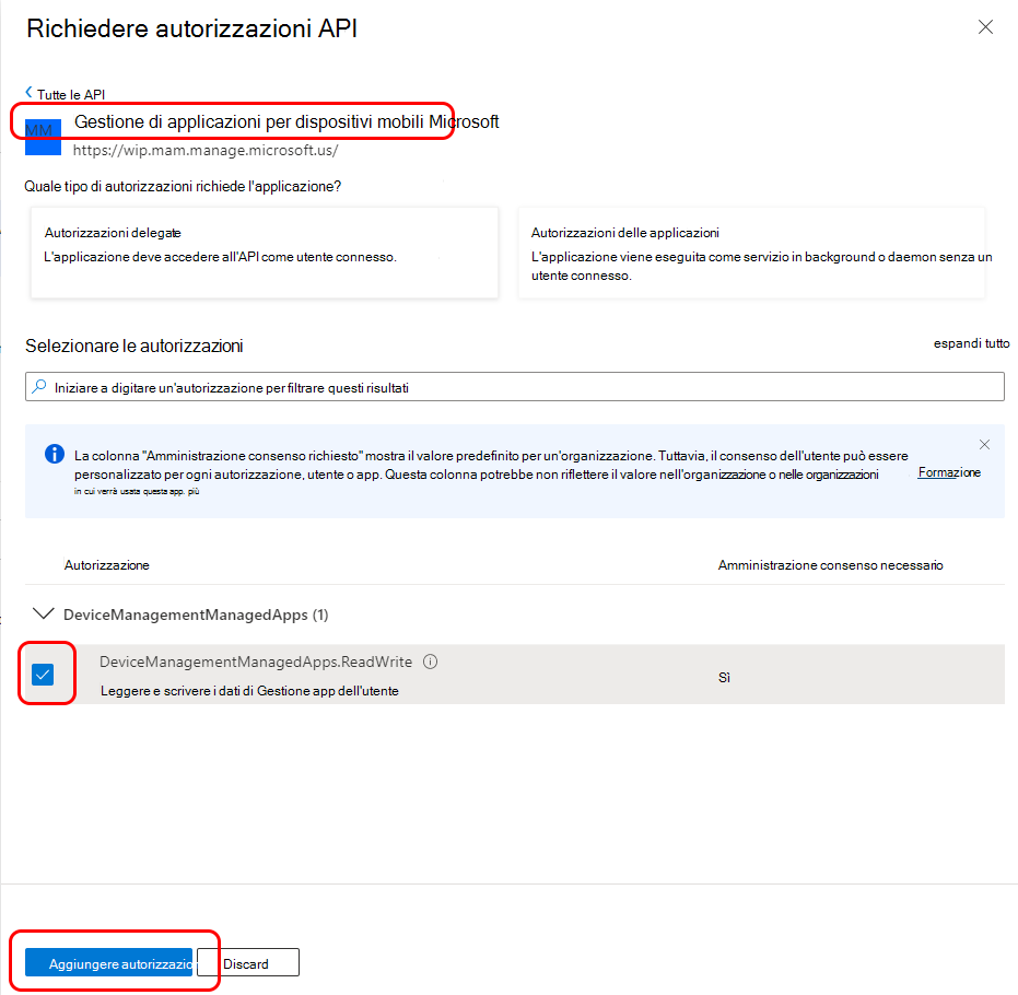 Configurare le autorizzazioni API per Microsoft Mobile Application Management.