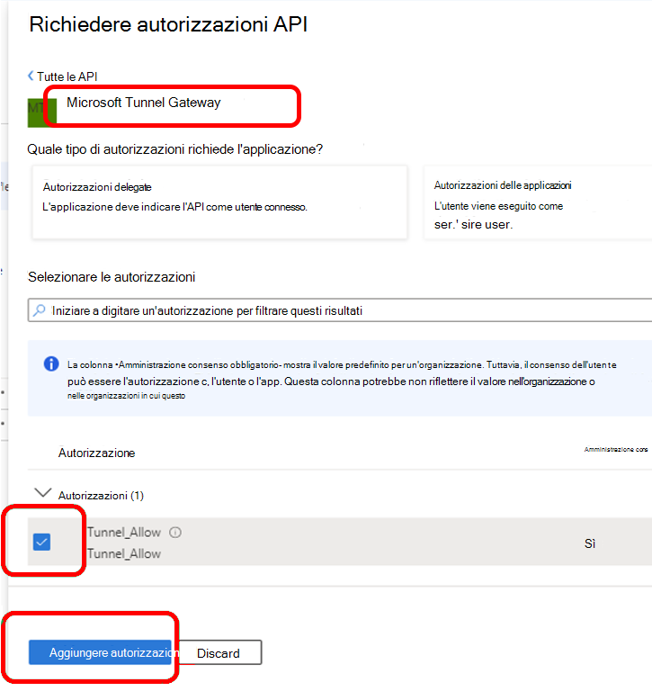 Configurare le autorizzazioni API per il gateway di Microsoft Tunnel.