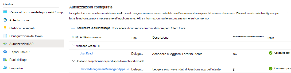 Esaminare le autorizzazioni APP nella registrazione dell'app.