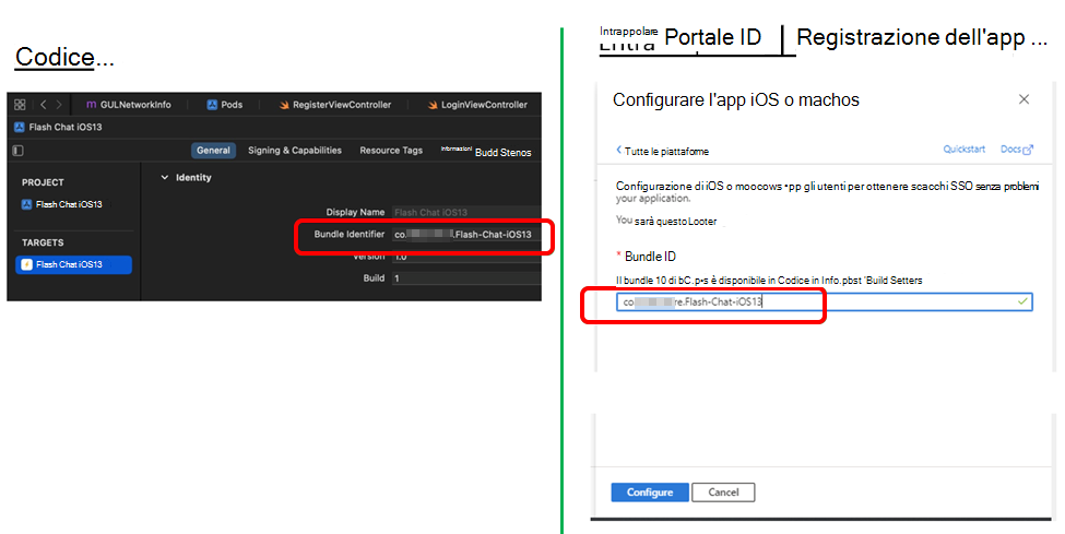 Confrontare le impostazioni di autenticazione con l'ID bundle nel codice Xcode.