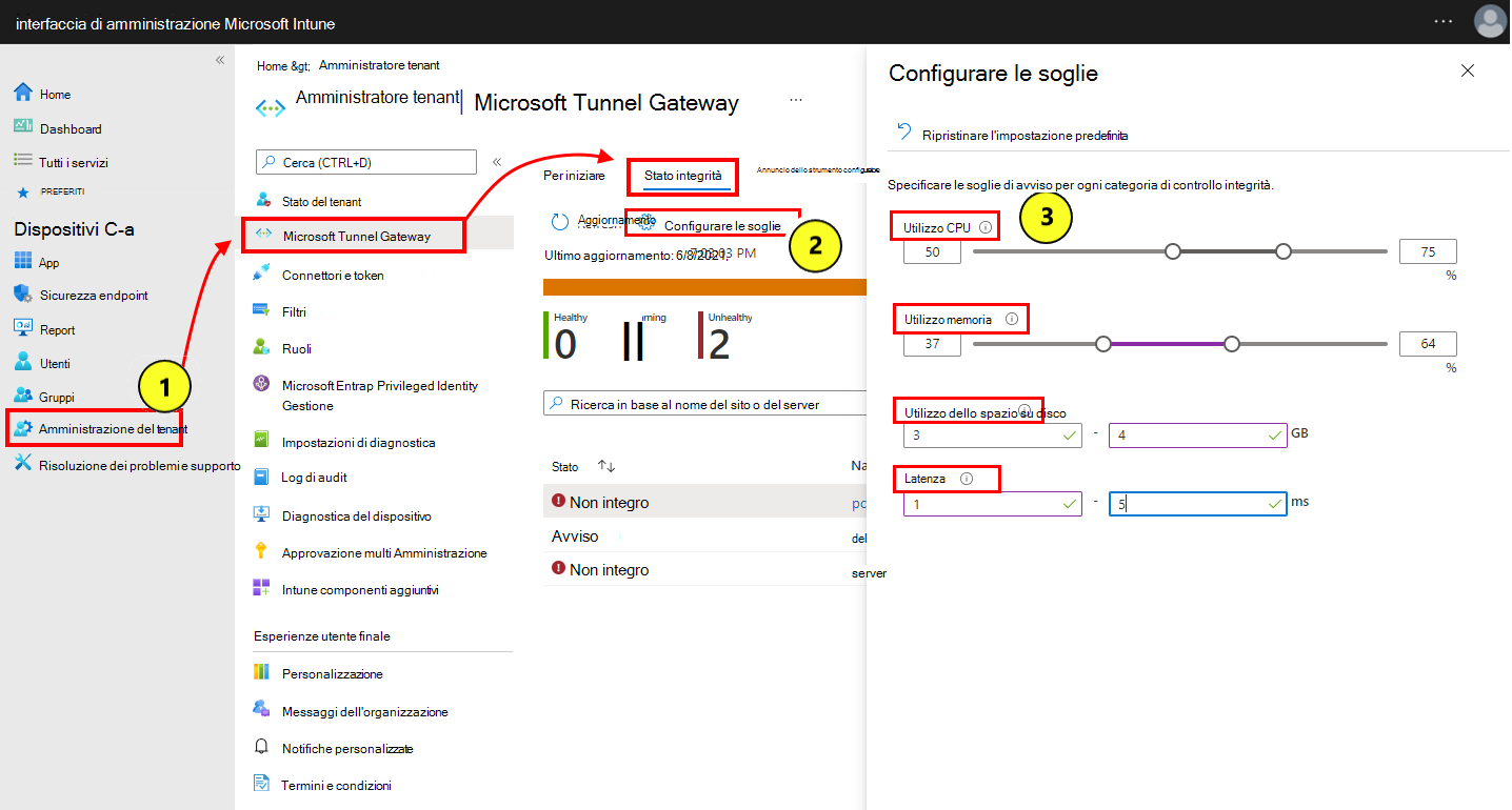 Screenshot di come selezionare e configurare le soglie di stato di integrità.